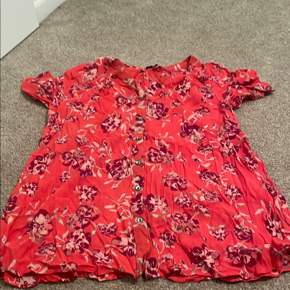 Roaman's Red and Black Flutter Sleeve Blouse